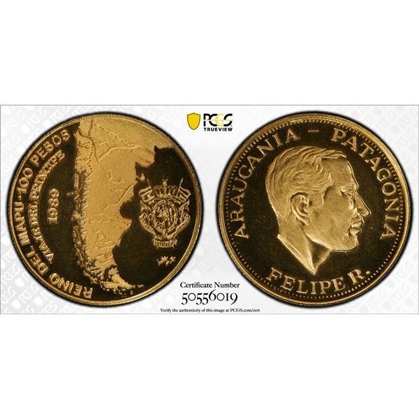 ARAUCANIA AND PATAGONIA: Felipe I, 1952-2014, 100 pesos, 1989, PCGS Specimen 67