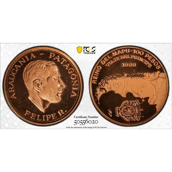 ARAUCANIA AND PATAGONIA: Felipe I, 1952-2014, 100 pesos, 1989, PCGS Specimen 66 RD