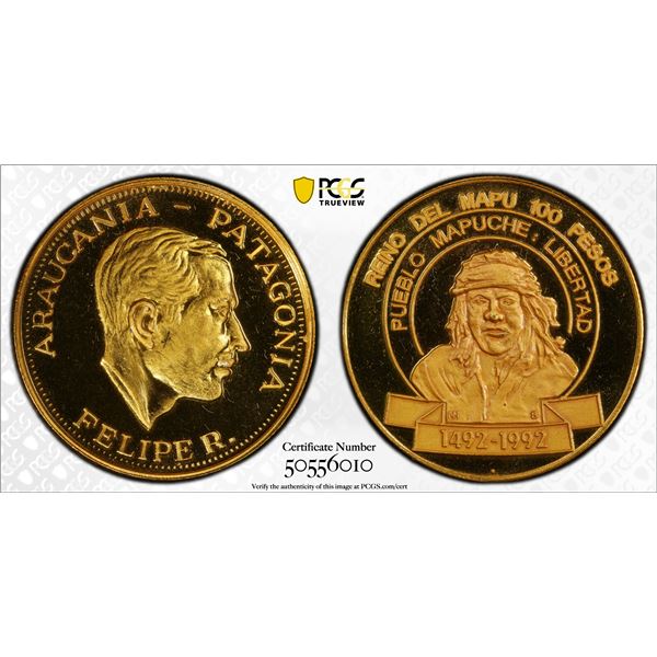 ARAUCANIA AND PATAGONIA: Felipe I, 1952-2014, 100 pesos, 1992, PCGS Specimen 67