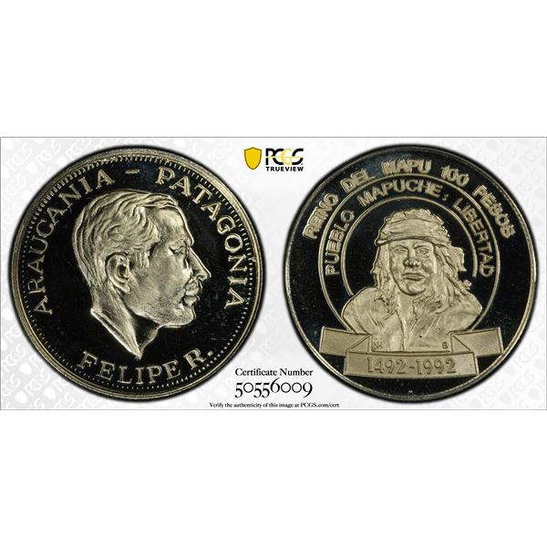 ARAUCANIA AND PATAGONIA: Felipe I, 1952-2014, 100 pesos, 1992, PCGS MS68 PL