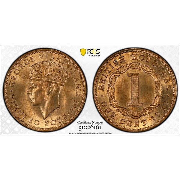 BRITISH HONDURAS: George VI, 1936-1952, AE cent, 1939, PCGS MS65 RB