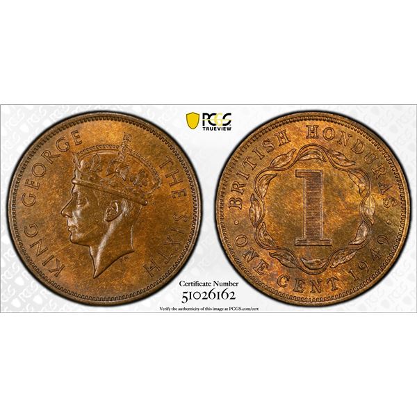 BRITISH HONDURAS: George VI, 1936-1952, AE cent, 1949, PCGS MS64 RB