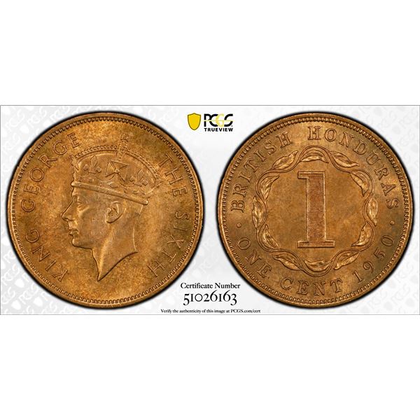 BRITISH HONDURAS: George VI, 1936-1952, AE cent, 1950, PCGS MS65 RB