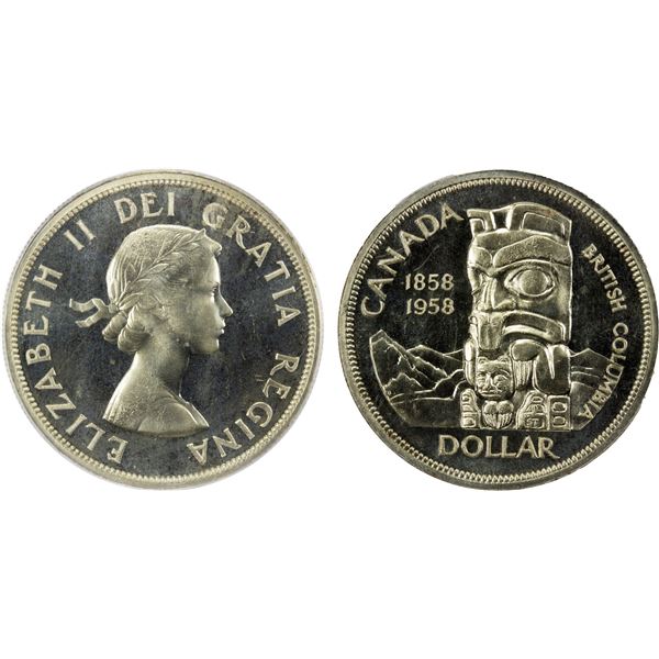 CANADA: Elizabeth II, 1952-2022, AR dollar, 1958, PCGS ProofLike Unc 67