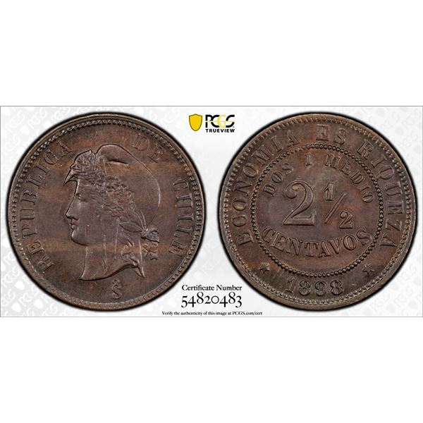 CHILE: Republic, AE 2½ centavos, 1898/85-So, PCGS MS63 BN