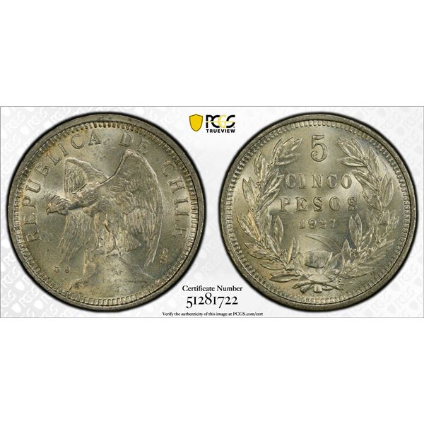 CHILE: Republic, AR 5 pesos, 1927-So, PCGS MS64