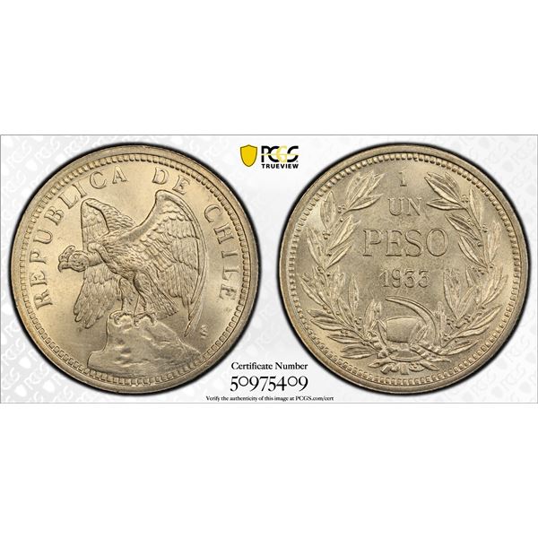 CHILE: Republic, 1 peso, 1933-So, PCGS MS66