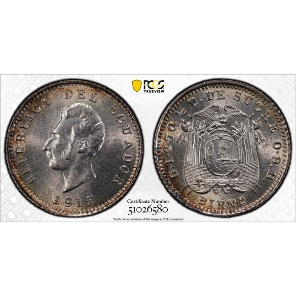 ECUADOR: Republic, AR 1/2 decimo, Birmingham, 1915, PCGS MS65