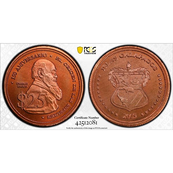 GALAPAGOS ISLANDS: AE 25 dólares, 2009, PCGS MS67 RD