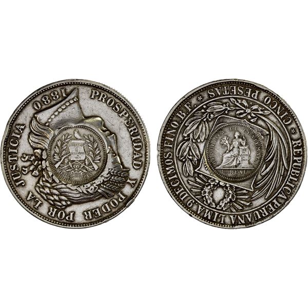 GUATEMALA: Republic, AR peso, 1894, XF on Choice VF host