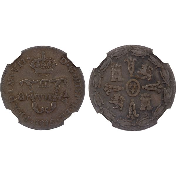 MEXICO: Fernando VII, 1808-1821, AE 1/8 real, 1815-Mo, NGC EF40 BN