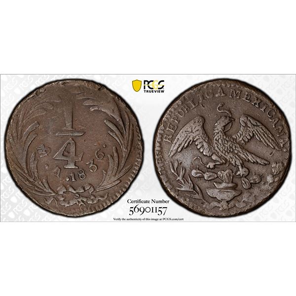 MEXICO: Republic, AE 1/4 real, 1836-Mo, PCGS EF45