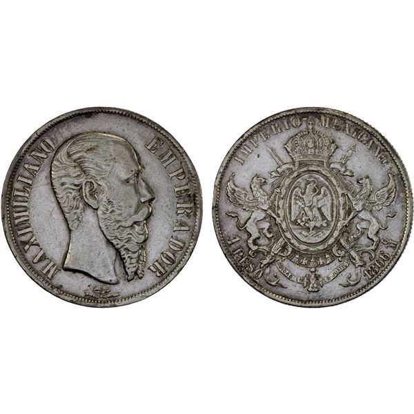 MEXICO: Maximiliano, 1864-1867, AR peso, 1866-Mo, F-VF