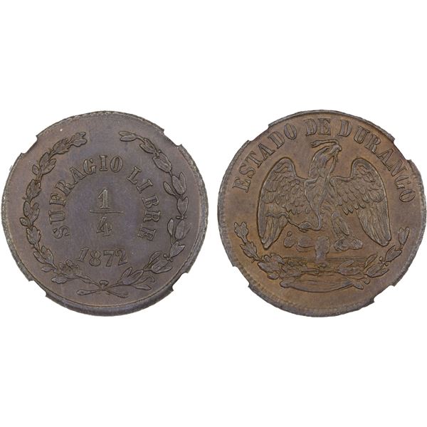 MEXICO: Republic, AE 1/4 real, Durango, 1872, NGC AU58 BN