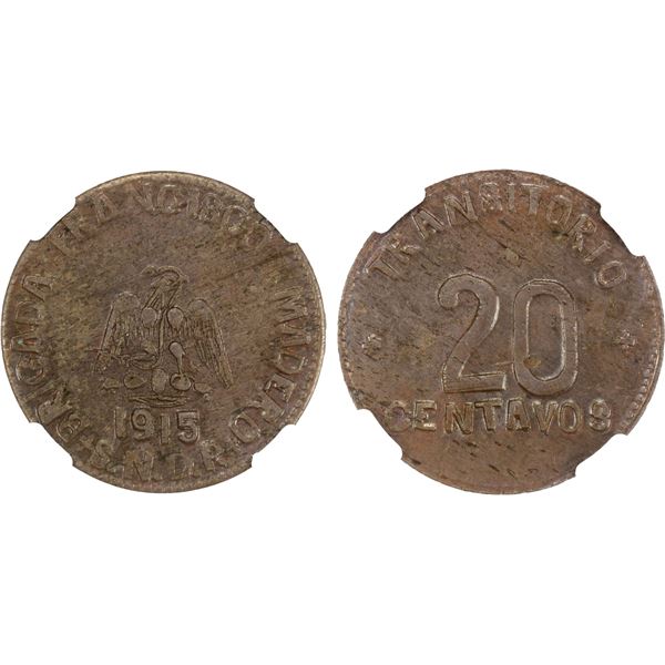 MEXICO: Revolutionary Issue, AE 20 centavos, Chiconcuatla, 1915, NGC MS62 BN