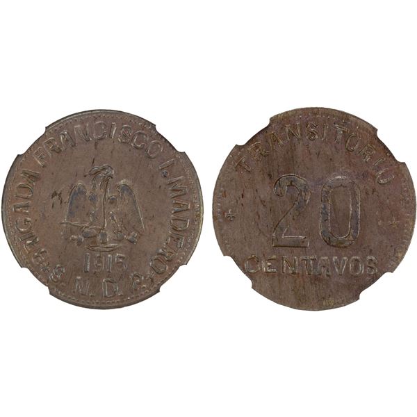 MEXICO: Revolutionary Issue, AE 20 centavos, Chiconcuatla, 1915, NGC MS62 BN
