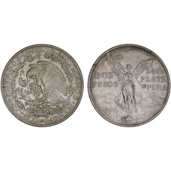 MEXICO: Estados Unidos, AR 2 pesos, 1921-Mo, XF