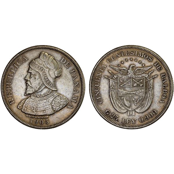 PANAMA: Republic, AR 50 centesimos, 1905, Choice VF