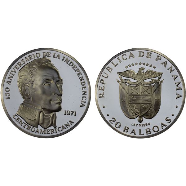 PANAMA: Republic, AR 20 balboas, 1971, Choice Proof