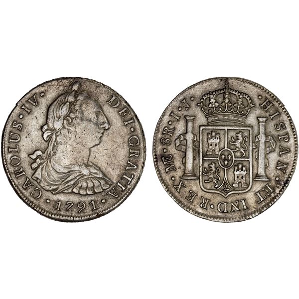 PERU: Carlos IV, 1788-1808, AR 8 reales, 1791-LIMAE, Choice VF