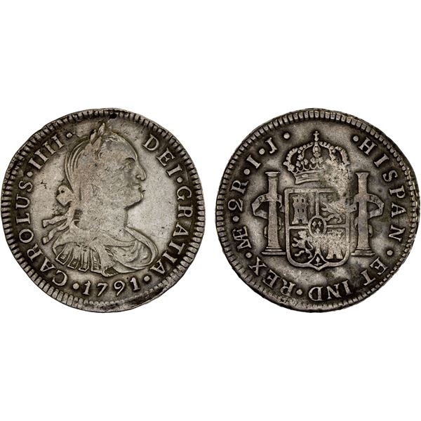 PERU: Carlos IV, 1788-1808, AR 2 reales, 1791-LIMAE, VF