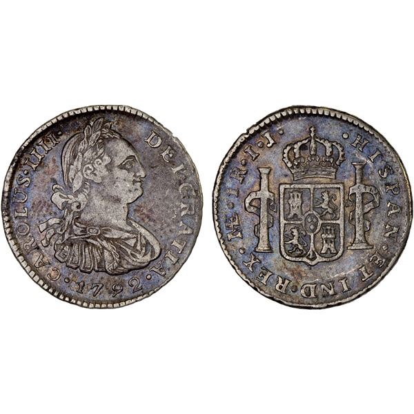 PERU: Carlos IV, 1788-1808, AR real, 1792-LIMAE, Choice VF