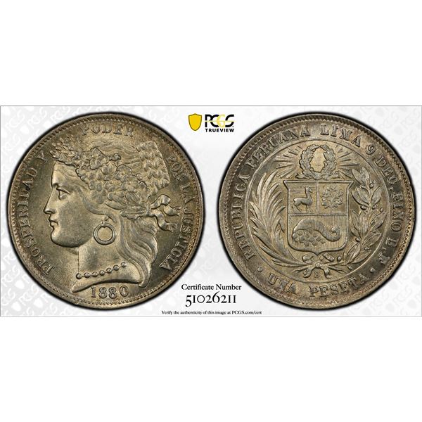 PERU: Republic, AR peseta, 1880, PCGS MS63