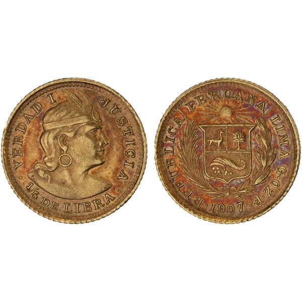 PERU: Republic, AV 1/5 libra, 1907, XF