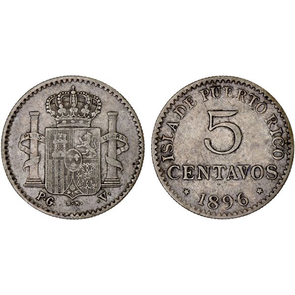 PUERTO RICO: Alfonso XIII, 1886-1931, AR 5 centavos, 1896, VF