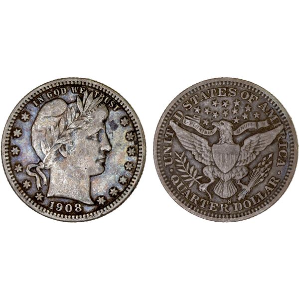 UNITED STATES: AR quarter, 1908-S, F-VF