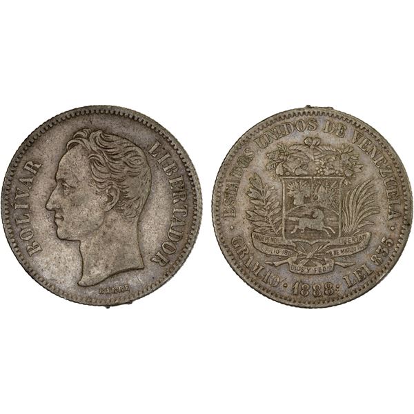 VENEZUELA: Republic, AR 2 bolivares, 1888, VF