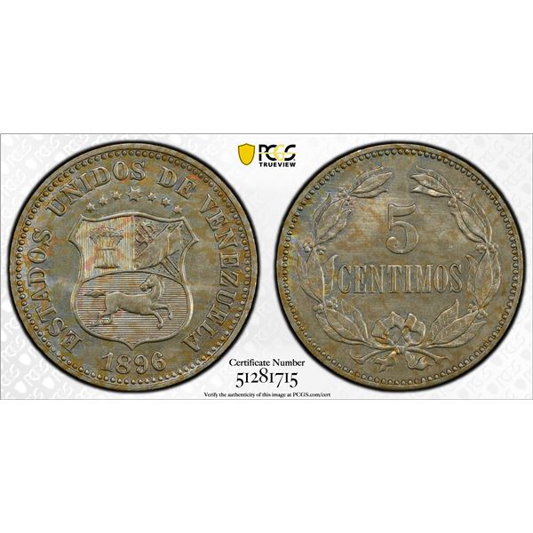 VENEZUELA: Republic, 5 centimos, 1896, PCGS MS63
