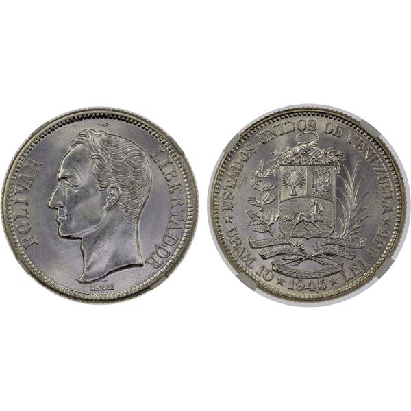 VENEZUELA: Republic, AR 2 bolivares, 1945, NGC MS65