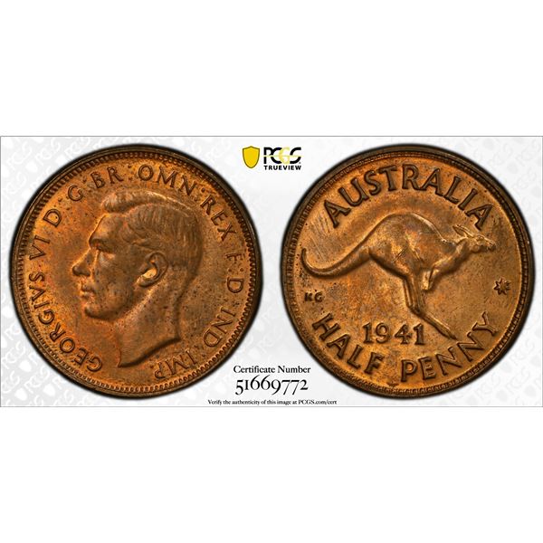 AUSTRALIA: George VI, 1936-1952, AE 1/2 penny, 1941(m), PCGS MS64 RB