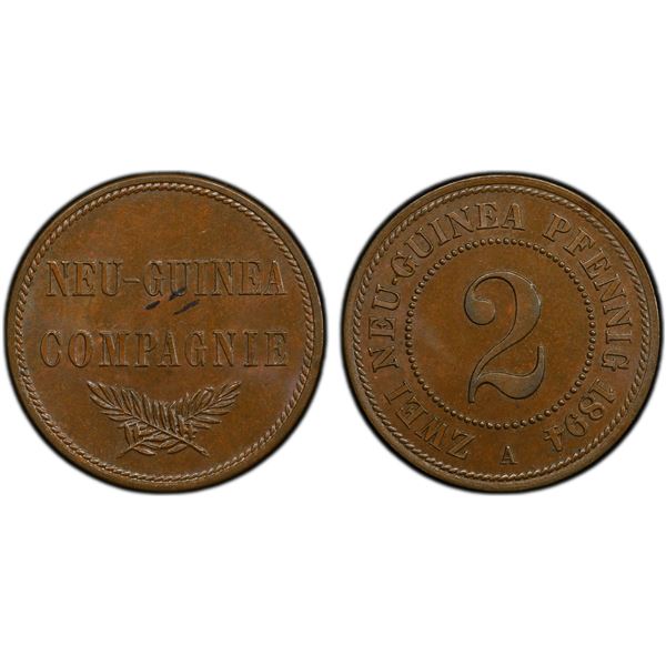 GERMAN NEW GUINEA: Wilhelm II, 1888-1918, AE 2 pfennig, 1894-A, PCGS MS64 BN