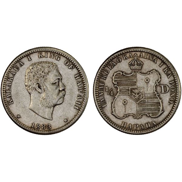 HAWAII: AR 1/4 dollar (hapaha), 1883, VF-XF