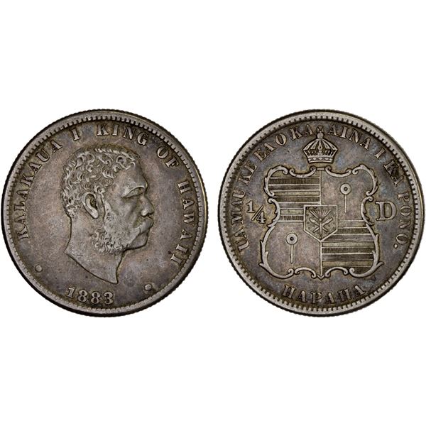 HAWAII: AR 1/4 dollar (hapaha), 1883, VF