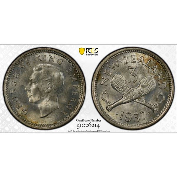 NEW ZEALAND: George VI, 1936-1952, AR 3 pence, 1937, PCGS MS65