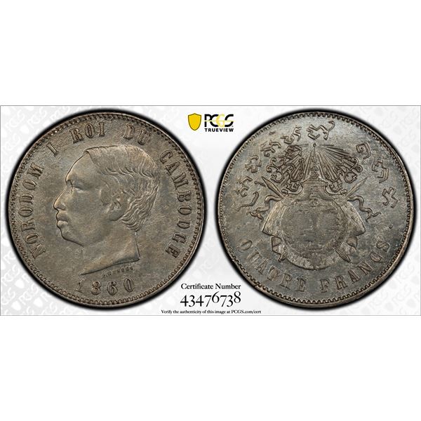 CAMBODIA: Norodom I, 1859-1904, AR 4 francs, 1860, PCGS UNC details