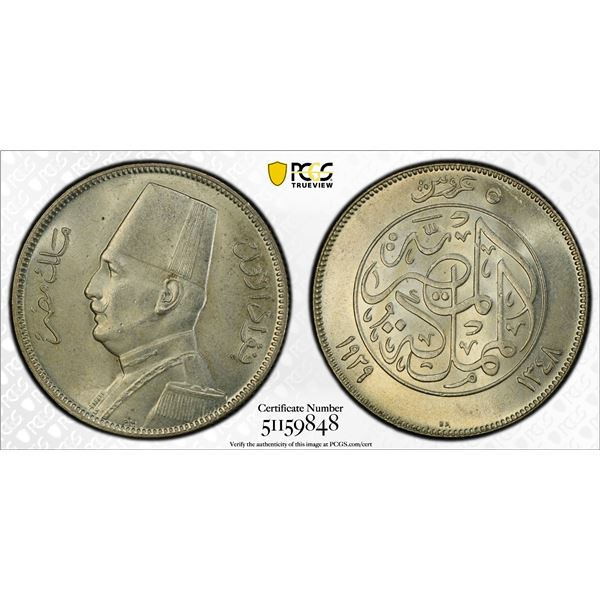 EGYPT: Fuad I, 1922-1936, AR 5 piastres, 1929/AH1348, PCGS MS64