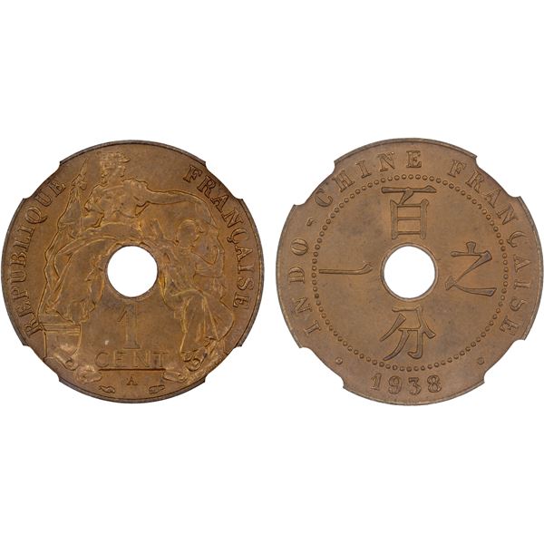 FRENCH INDOCHINA: AE centime, 1938-A, NGC MS66 RB