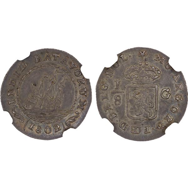 NETHERLANDS EAST INDIES: Batavian Republic, AR 1/8 gulden, 1802, NGC MS62