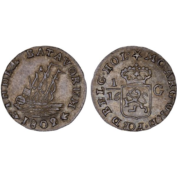 NETHERLANDS EAST INDIES: Batavian Republic, AR 1/16 gulden, 1802, AU