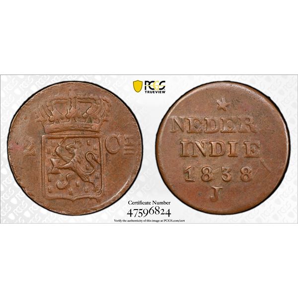 NETHERLANDS EAST INDIES: Willem I, 1816-1840, AE 2 cents, 1838, PCGS AU53