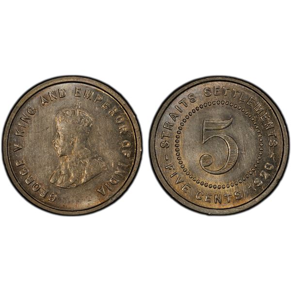 STRAITS SETTLEMENTS: George V, 1910-1936, 5 cents, 1920, PCGS MS63