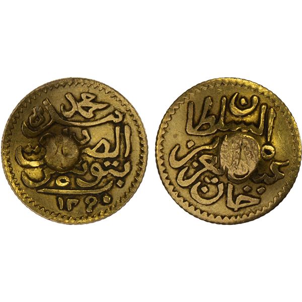 TUNISIA: Muhammad al-Sadiq Bey, 1859-1882, AV 5 piastres (0.94g), AH1290, XF