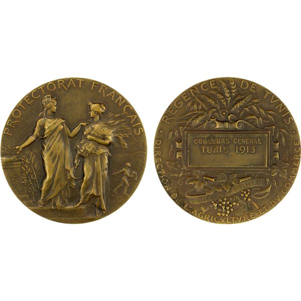 TUNISIA: French Protectorate, AE medal (66.17g), 1913, Choice UNC