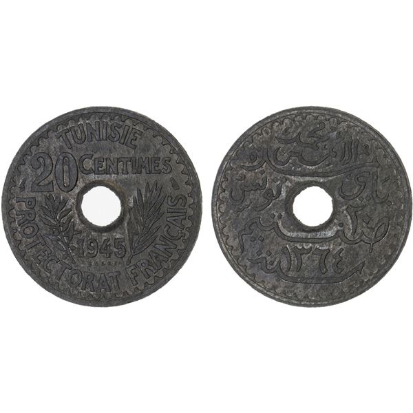 TUNISIA: Muhammad VIII, 1943-1956, 20 centimes, 1945/AHY1364, Unc