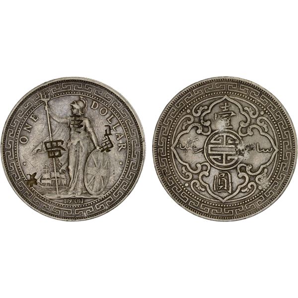 CHINA: Chopmarked Coins: Great Britain: Victoria, 1837-1901, AR dollar, 1907-B, Choice VF