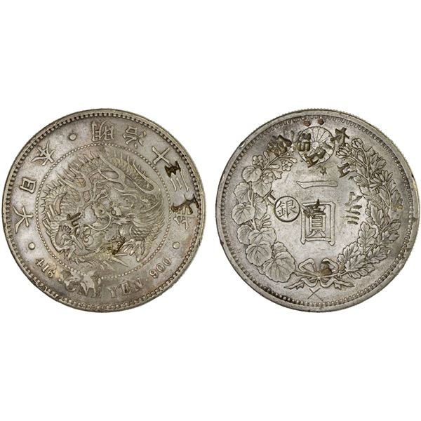 CHINA: Chopmarked Coins: Japan: Meiji, 1867-1912, AR yen, year 13 (1880), Choice VF